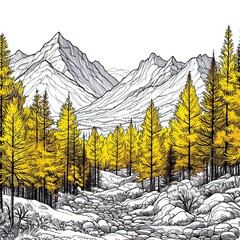 paysge de montagnes avec des m&eacute;l&egrave;zes jaunes &agrave; colorier