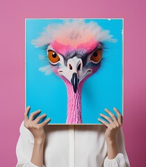 A woman with an image of an ostrich portrait.