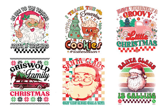 Set of vector Christmas 90's groovy, vintage retro t-shirt design bundle. For t-shirt prints, posters, and other uses.