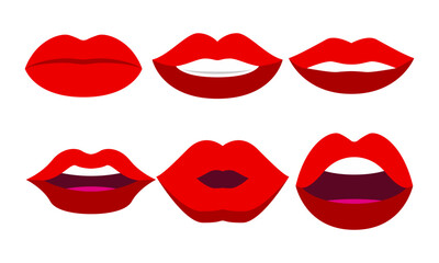 Red female lips, kiss set sexy girl's mouth, smile female red mouth, cartoon smile red lipstick vector graphics eps10