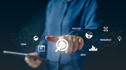 Digital marketing media in virtual screen. Business global internet connection application technology, Digital link tech, big data. Digital media marketing analysis, SEO, analytic, viral, research.