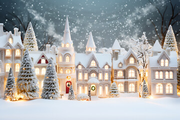 Fototapeta premium Fairy tale winter white houses city scape decorated with garlands for the Christmas holiday 
