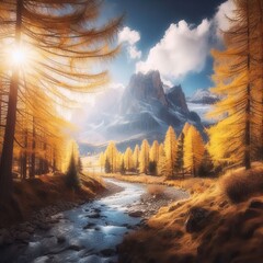 paysage de montagne enneig&eacute;e en automne avec des rayons de soleil passant &agrave; travers des magnifiques melezes jaunes au bord d'une rivi&egrave;re