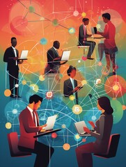 An interconnected web of diverse IT professionals collaborating on a shared project, with each individual contributing their unique expertise, surrounded