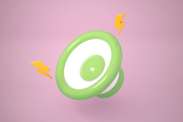 Loudspeaker with music wave media connection concept. thunderbolt icon symbol retro radio on pink pastel background. Minimal cartoon style, banner, copy space. 3d render illustration