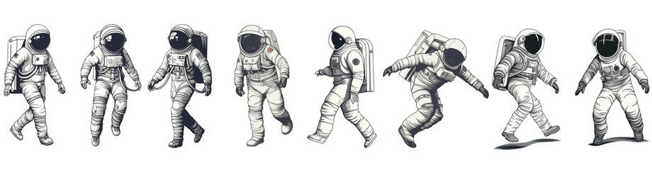Fototapeta premium Collection of astronauts in different poses on transparent background PNG