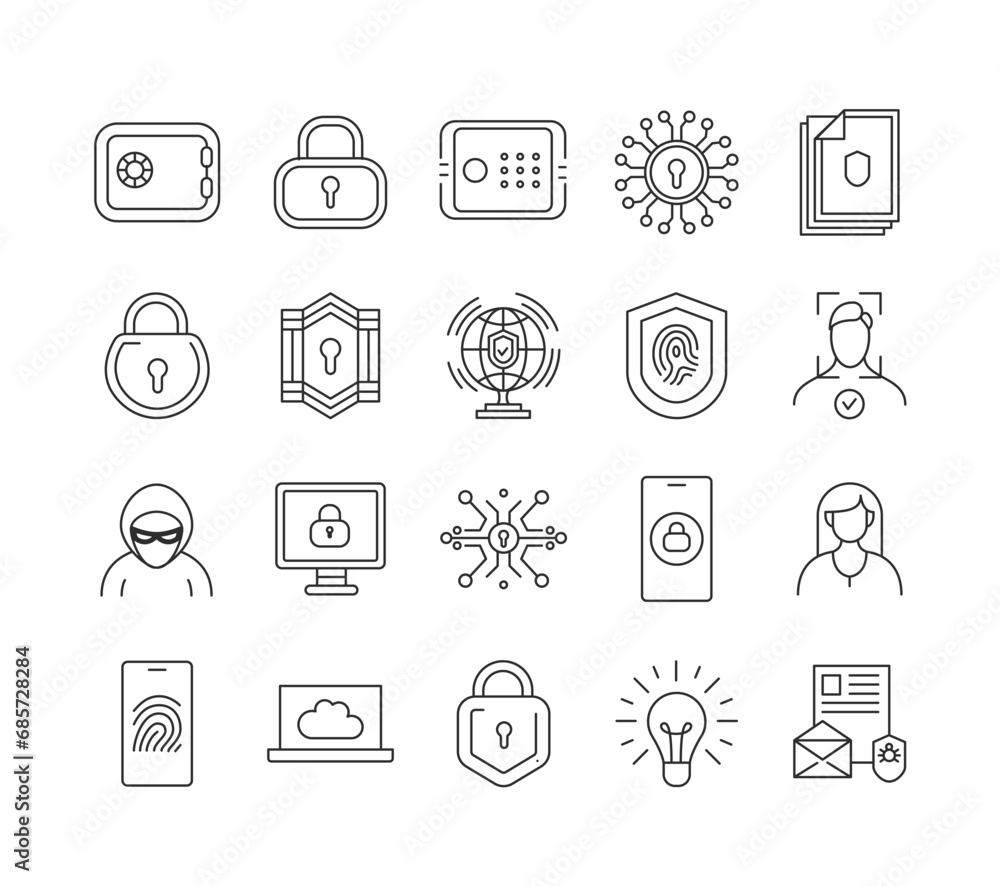 Poster cybersecurity line icons set vector.
