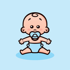Vector color image of cute sitting baby boy with pacifier and diaper.