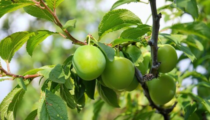 Growing green plums hanging on their branch