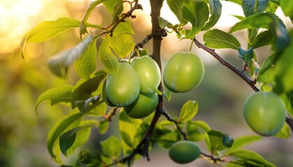 Growing green plums hanging on their branch