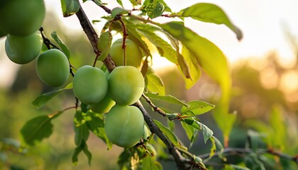 Growing green plums hanging on their branch