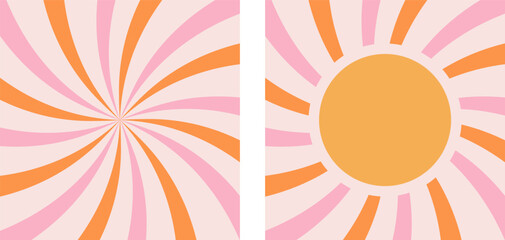 Groovy retro sunshine poster set. Groovy sun pastel backgrounds, vintage retro 70s print. Groovy striped background rays in the center. Sunburst vintage backgrounds. Pastel vector illustration.