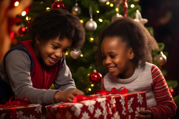 Obraz na płótnie Canvas Boy and girl unwraping a Christmas gift.