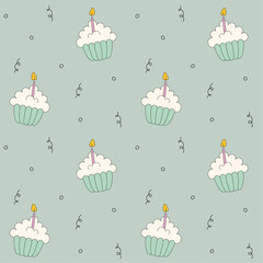 Birthday cupcake seamless pattern with candle on green background, cartoon flat design 