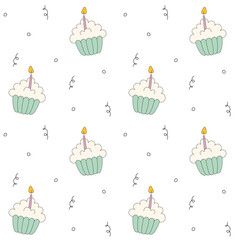 Birthday cupcake seamless pattern with candle on white background, cartoon flat design