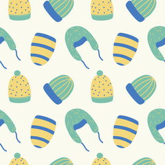 Hats seamless pattern. Hand drawn vector repeating background with warm accessories different knitted hats, winter motif for congratulations on winter holidays,print, card, textile, paper, wrapping
