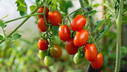 Cherry tomatoes, ripen on the vine in a garden - obrazy, fototapety, plakaty
