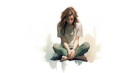 depressed woman sitting on the floor,sad female teenager isolated on white background