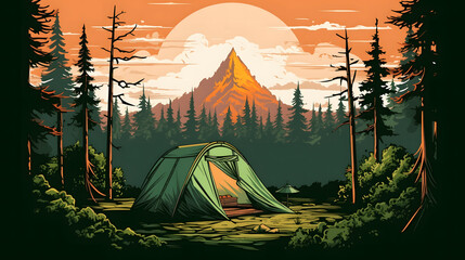 tent in a forest vector camoing silhouette outdoor camping. - obrazy, fototapety, plakaty