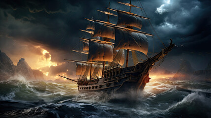 pirate ship sailing during a storm. pirate ship on a night storm seaside - obrazy, fototapety, plakaty