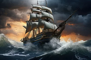 Fotobehang pirate ship sailing during a storm. pirate ship on a night storm seaside © Rangga Bimantara
