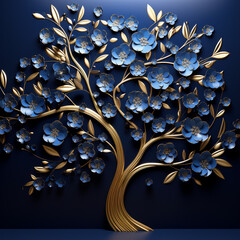 Elegant gold and royal blue floral tree with leaves and flowers hanging branches illustration background. 3D abstraction wallpaper for interior.