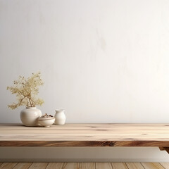 Fototapeta na wymiar Empty wooden white table over white wall background, product display montage.