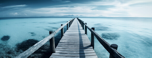 panoramic view of a wooden pier extending into a beautiful blue ocean under a cloudy sky, ai generative - obrazy, fototapety, plakaty