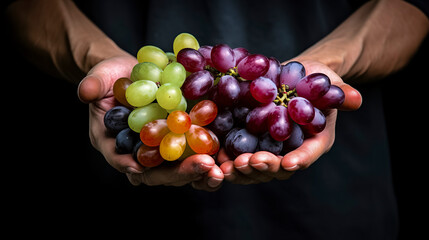 person s hands holding a bunch of grapes of different colors and sizes against a black background,...