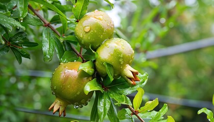 Fruits of unripe green pomegranate in leaves on branches