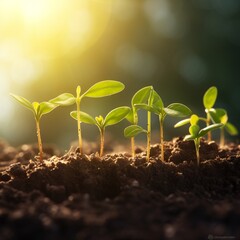 Fototapeta premium Small plants growing on soil with sunlight.