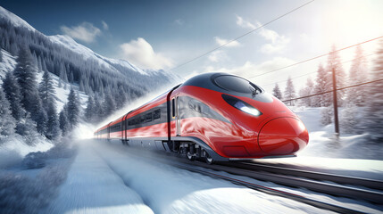 modern European train on panoramic snow covered mountains, passing through snow. Beautiful scenery. concept of tourism in switzerland