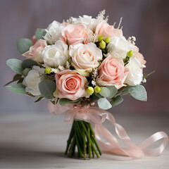light rose and white Flower bouquet with three roses and leaves.