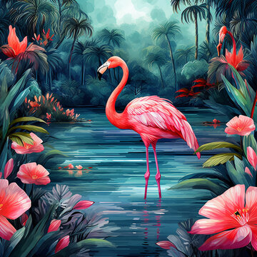 Pattern wallpaper digital watercolor painting of a flamingo in the middle of tropical lakes in bright colors.