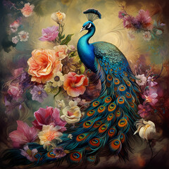 Wallpaper painting of a peacock bird by revealing in bright, beautiful colors among flowers, roses, branches and butterflies, vintage drawing style background.