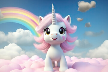 3d a little cute unicorn with wings and rainbow background
