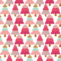 Simple hand-drawn colorful christmas tree seamless pattern