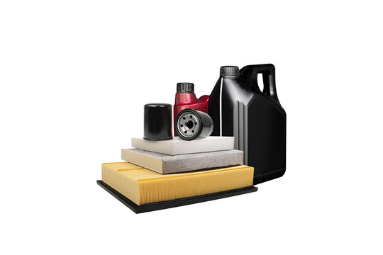 Car engine oil with oil filter and air filter isolated , Car maintenance product concept