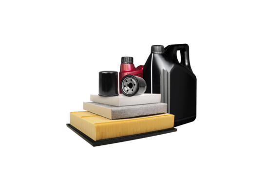 Car engine oil with oil filter and air filter isolated , Car maintenance product concept