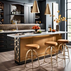 chic bar area with giraffe neck inspired bar stools, mimicking a giraffe's neck, constructed from sleek metal with giraffe patterned upholstery