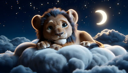 Baby Lion In The Night Sky - obrazy, fototapety, plakaty