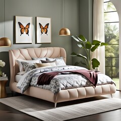 Cozy Bedroom with a Cocoon-Inspired Bed Made from Soft Foam, Resembling a Butterfly's Form