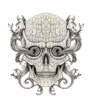 Skull surrealist design by hand drawing on paper.