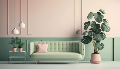 A green couch and a white table with a plant and a lamp on it and a white wall behind it