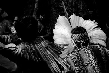 Sao Paulo, SP, Brazil - April 15 2023: Black and white photograph of the headdress of the original Brazilian people from a village in the Brazilian Amazon details. - obrazy, fototapety, plakaty