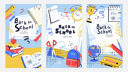 Back to school vector banners. Background design with education accessories element. Kids hand drawn flat design for poster , wallpaper, website and cover template.