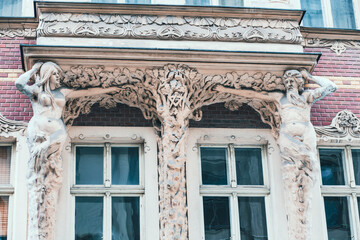 Detail of modernist art nouveau architecture old building facade in the old town of Riga, Latvia