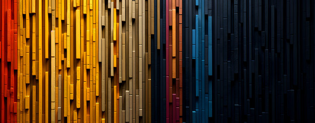 wall with vertical wooden slats painted in a gradient from red to dark blue, creating a striking and colorful geometric pattern