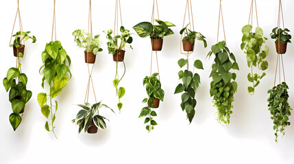 A group of hanging plants with a white background and a white background with a white background and a white background with a white background and a white background