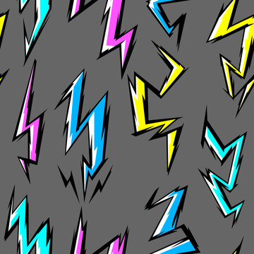 Pattern with cartoon lightnings. Grunge graffiti stylized image of natural phenomenon.